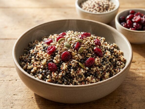 Salade Tiède de Quinoa Tricolore, Lentilles Beluga, Graines & Cranberries